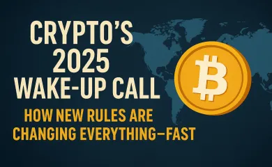“Crypto’s 2025 Wake-Up Call” with Bitcoin symbol and world map on dark blue background, representing global crypto regulations