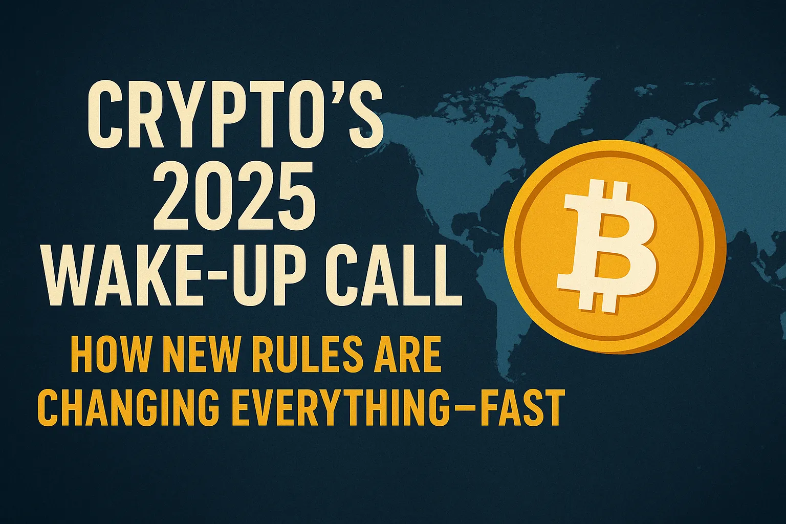 “Crypto’s 2025 Wake-Up Call” with Bitcoin symbol and world map on dark blue background, representing global crypto regulations